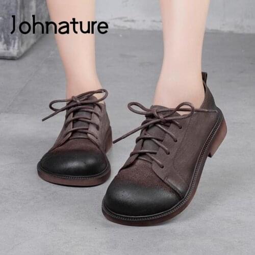 Johnature Genuine Leather Pumps Women Shoes 2021 New Lace-Up Retro Handmade Concise Loose Leisure Shallow Vintage Ladies Shoes