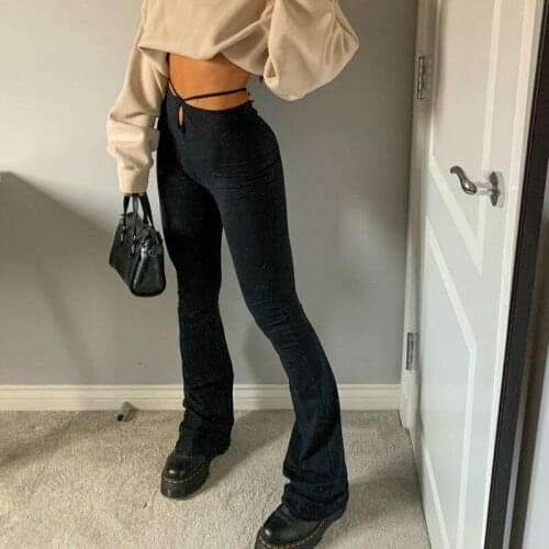 Women Fashion Street Long Trousers Cut Out Hollow Ruched High Waist Slimming Pants Ladies Female Solid Black Bottoms S M L
