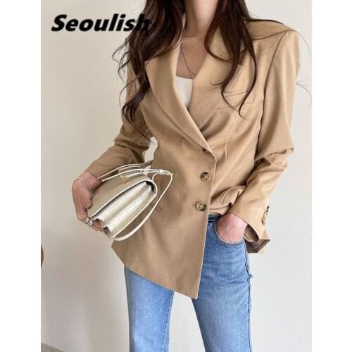 Seoulish Autumn Winter Single Breasted Womens Blazer 2021 New Elegant Long Sleeve Office Female Casual Loose Outwear Pockets