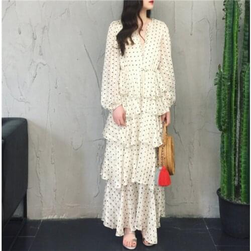 V-neck Long Sleeve Polka Dot Women Dress Layered Ruffles Cake Dress Elegant Long Dress Christmas Dress Vestidos Robe New 2019