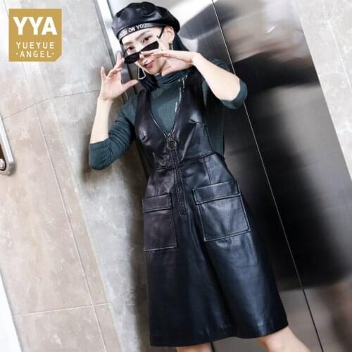Office Lady Fit Sheepskin Knee-Length Dress Autumn Genuine Leather V-Neck Zipper Pockets Female A-Line Sleeveless Strap Dress