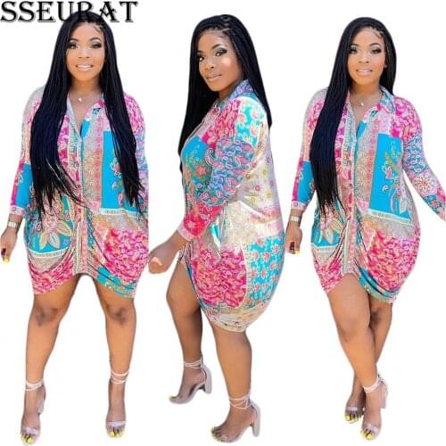 SSEURAT Women Mini Dress Print Turn-down Collar Single Breasted Full Sleeve Shirring Straight Dresses Office Lady Streetwear