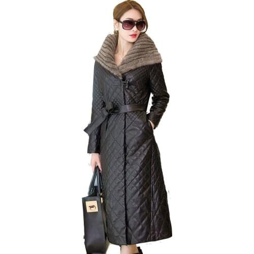 5XL High quality Winter Women Sheep Leather Down Jacket Big fox fur collar Hooded Coat Female Plus size Thicken Warm Long Coats