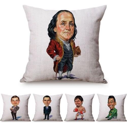 Celebrity World Famous Character Funny Comic Art Decorative Pillow Case Franklin Obama Pacquiao Mr Bean Portrait Cushion Cover