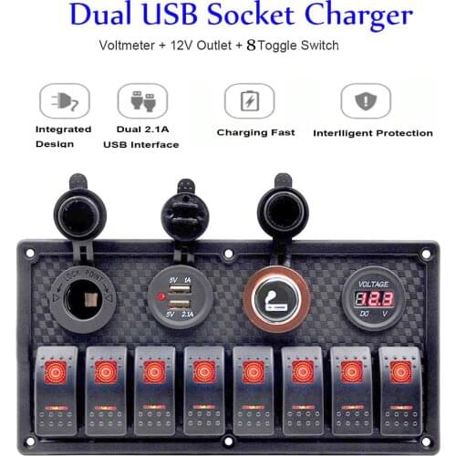 8 Gang Switch Panel Circuit Breaker Overload Protect Car Boat Switch Panel 12V~24V Dual USB Car Quick Charge Digital Voltmeter