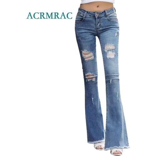 ACRMRAC Womens jeans 2018 Spring and autumn Slim blue Holes tassel Middle waist Skinny Flare Pants Full Length jeans Women