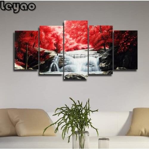 5 Panel DIY 5D Diamond Painting Art Red Forest Waterfall 5 pieces landscape Diamonds Embroidery full square/round Cross Stitch