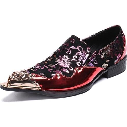 Ch.kwok All Season Men Red Mixed Color Flower Personality gentleman Pointed Toes Genuine Leather Office Dress Shoes Large Size