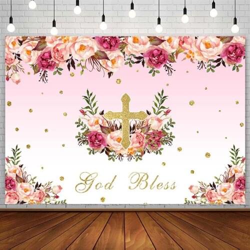 Avezano Boy Girl First Communion Photography Backdrop God Bless Pink Blue Floral Dot Newborn Baby Shower Photo Studio Background