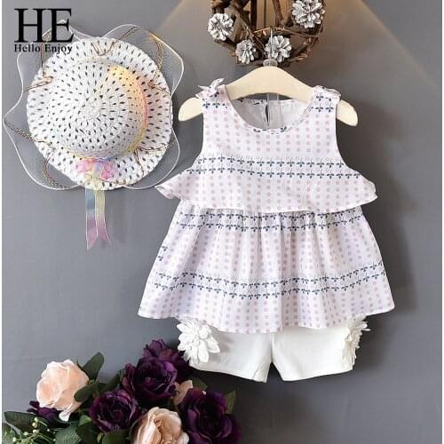 HE Hello Enjoy Girls Clothes Sleeveless Print Bow Tops+Floral Shorts+Hat Sets Baby Girl Summer Fashion Children Clothing Sets
