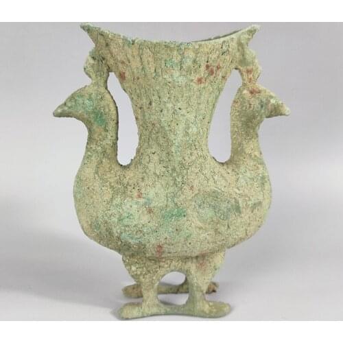 Exquisite Ancient Chinese Collection Old Bronze Double Bird Phoenix Statue Vase / Wine Pot