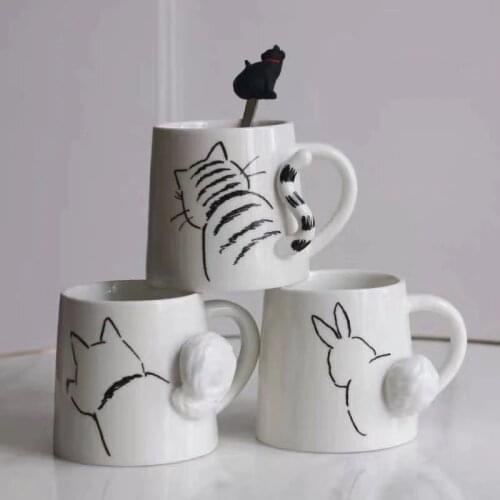 Chinese Designer Cute Cat Dog Rabbit Tail Ceramic Cup Creative Gift Coffee Cup with Hand Milk Mug Daily Use Animal Tea Set 350ml