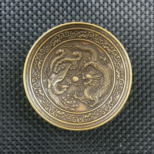 Chinese Bronze Writing-brush Washer Dragon Phoenix Bowl Plate