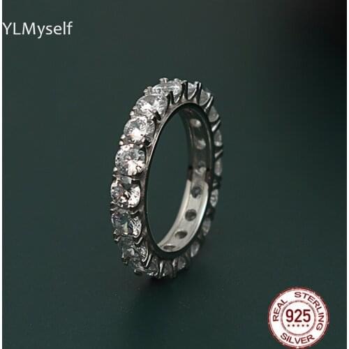100% Real Silver Ring Size 6-9 Pave Shiny 4mm Round Cubic Zircon Matching Tennis Jewelry Unisex Hiphop Rock 925 Fine Jewellery