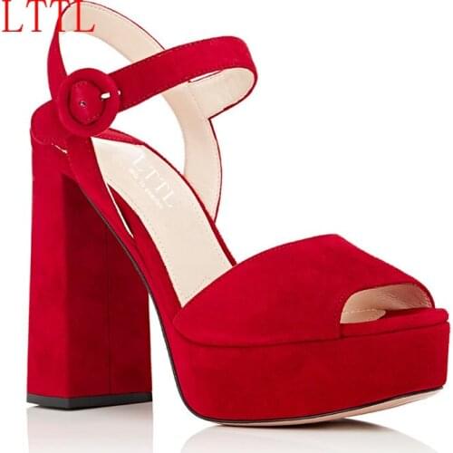 LTTL Summer Platform Women Sandals Red Peep Toe Square Heel High Heels Ankle-Wrap Women Footwear Sandalia Feminina Shoes Woman