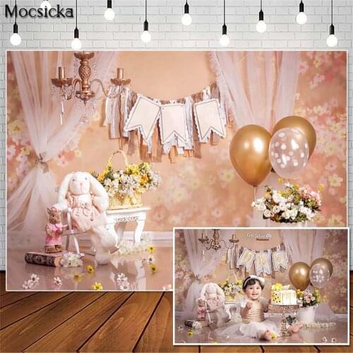 Mocsicka Dream Flower Photography Backdrops Bunny Balloon Decor Girl 1st Birthday Cake Smash Photo Props Studio Booth Background