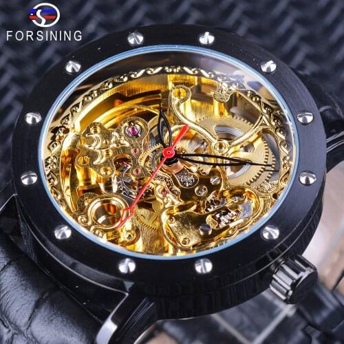 Forsining Royal Flower Carving Gear Golden Movement Transparent Black Genuine Leather Mens Mechanical Watches Water resistant