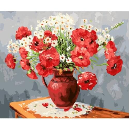 DRAWJOY Framed Oil Paint DIY Painting By Numbers Coloring By Numbers Red Flower Home Decoration 40*50cm