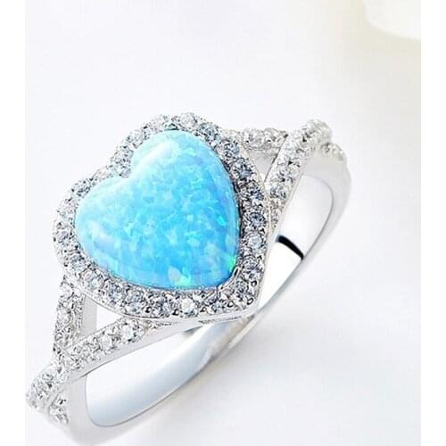 2020 New Trendy Imitate Blue Opal Heart Rings For Women Silver Color Female Jewelry Wedding Engagement Party Valentine Gifts