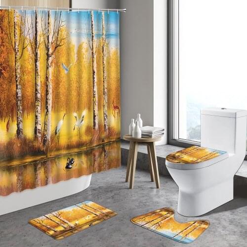 Autumn Forest Oil Painting Landscape Shower Curtain Natural Scenery Decor Watercolor Trees Curtains Bathroom Rug Bath Mats Sets