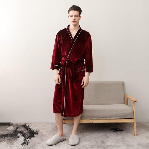 Autumn Men Velvet Kimono Robe Gown Sleepwear Comfortable Casual Soft Bathrobe Gown Nightgown Elegant Solid Homewear Noightwear