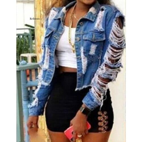 Sexy Ripped Denim Jacket Women 2021 Vintage Short Jean Coat Plus Size Fall Winter Casual Female Outwear Fashion Streetwear
