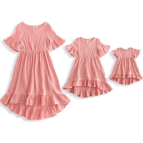 Menoea Summer Mother Daughter Solid Dresses Family Matching Outfit Kids Girl Ruffles Costume Dress Mom Girl and Baby Casual Suit