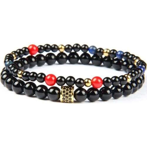 Ailatu Luxury Men Bracelets Micro Pave Black Cylinders Beaded Sets Bracelets Top Quality with 4 &6mm Black Onyx Stone