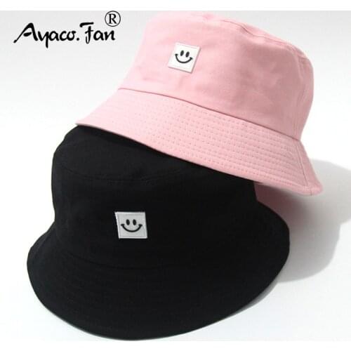 Women Simple Bucket Hat Solid Candy Colors Smile Face Sun Hat Outdoor Sports Travel Beach Caps Fishermen Hats Hip Hop Female Cap
