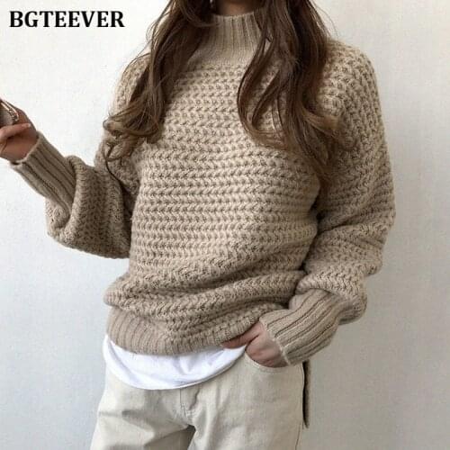BGTEEVER Elegant Turtleneck Thick Women Sweater Winter Striped Jumpers Female Brief Loose Knit Pullovers 2019 Warm Sweater Tops