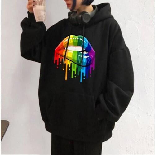 New Womens Casual Hoodie Autumn Loose Lips Printing Pullover Women and Men Fashion Hooded Comfortable Oversize Top for Female