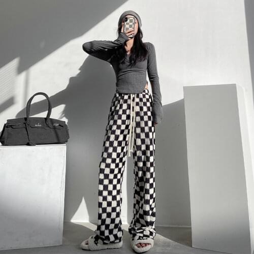 2021 Spring and Autumn Fashion Personality Front and Rear Zipper Black and White Plaid Loose Straight-leg Casual Gothic Pants