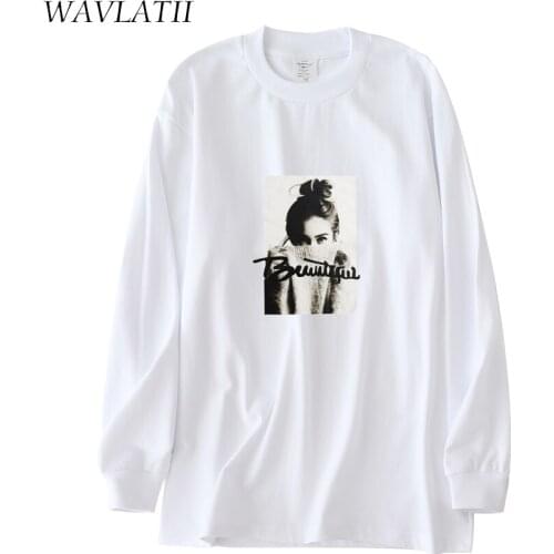 WAVLATII Women New Fashion Printed Hoodies Female White Streetwear Cotton Oversized Sweatshirts Tops for Autumn Spring WH2120