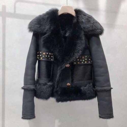 Natural Real Sheep Fur Coat Women Winter Full Pelt Short Jacket Multicolor Rivet Thick Warm Ladys Outerwear Turn-Down Collar