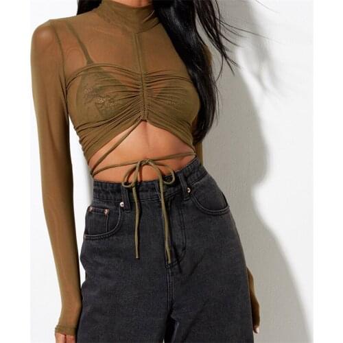 Thorn Tree Women Sexy Transparent Mesh Tops Long Sleeve See Though Tee Shirt Female Evening Party Club Lace-up T shirts Cropped