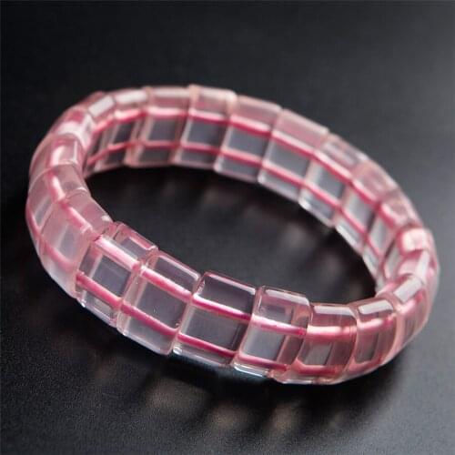 Genuine Natural Pink Quartz Women Crystal Rectangle Beads Stretch Charm Bracelet