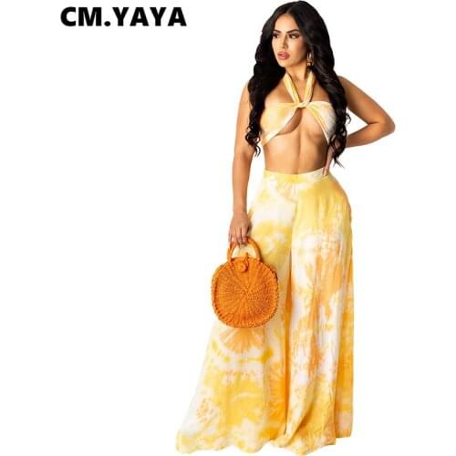 CM.YAYA Women Set Tie Dye Sleeveless Halter Crop Tops Loose Wide Leg Pants Two 2 Piece Sets Fashion Tracksuit Outfits Summer