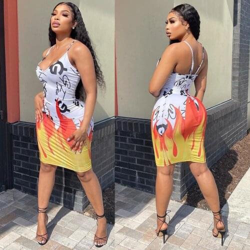 2021 Flame Print Summer Streetwear Pink White Bodycon Dress Women Spaghetti Strap Sleeveless Dresses Female Backless Midi Dress