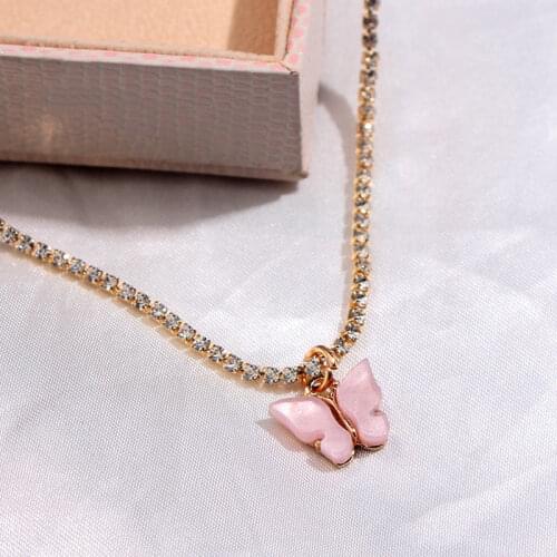 Flatfoosie 2020 Fashion Crystal Gold Color Chain Choker Necklace Cute Butterfly Insect Pendant Necklace Romantic Sweet Jewelry
