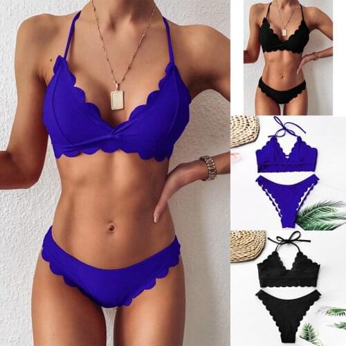 Womens Sexy Solid Color Cut Flower Bikini 2-Piece Lace Swimsuit Split Swimsuit