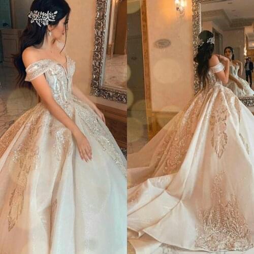 2020 Off Shoulder Wedding Dresses for Women Plus Size Lace Appliqued vestido de novia Sequined Arabic Sexy Bridal Wedding Gowns