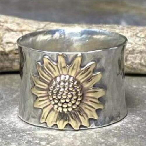 Punk Vintage Golden Sunflower Rings for Women Silver Plated Wide Finger Ring 2021 Fashion Party Jewelry Gifts Wholesale