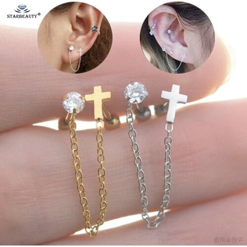 0.8*6mm Thin Cross Tassel Earrings for Women Ear Piercing Chain Cartilage Piercing Helix Piercing Tragus Earring Studs Crystal