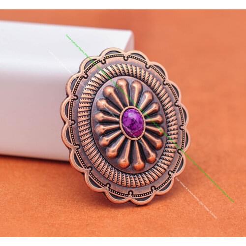6pc 44*38mm Antique Copper Traditional Flower Purple Turquoise Oval Concho For DIY Leathercraft Belt Accessories Decor