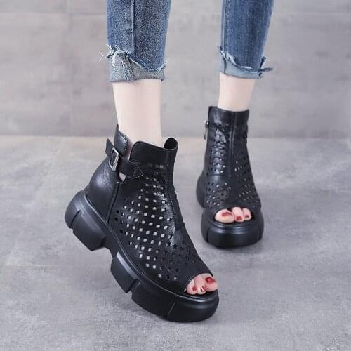 Leather Martin Boots Sandals Women Summer Thin Breathable Mesh Short Boots Wild Fish Mouth Retro Hole Hollow Sandals