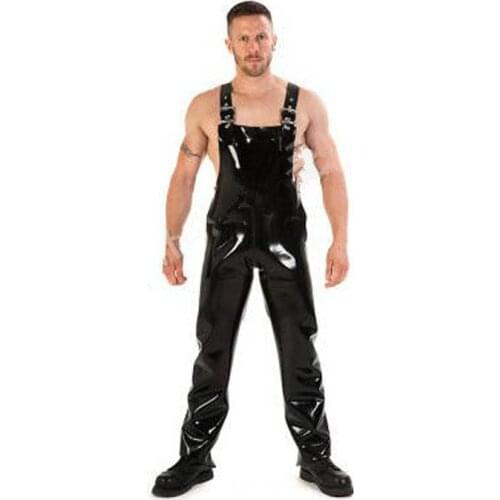 Handmade Black Mens Latex Rubber Jumpsuit Suspender Trousers Catsuit