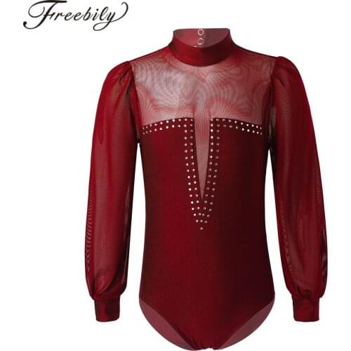 Girls Mesh Long Sleeve Shiny Crystal Ballet Leotard Kids Dance Wear Gymnastics Leotard Jumpsuit For Skating Latin Tango Dance