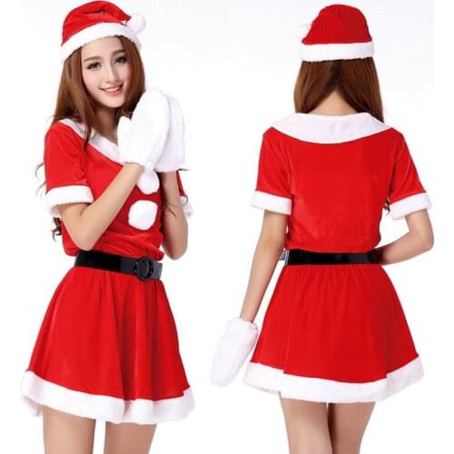 Hot Sale 1 Set Sexy Women Santa Claus Christmas Costume Party Girls Outfit Fancy Dresses White Fluff Gloves Christmas Clothing