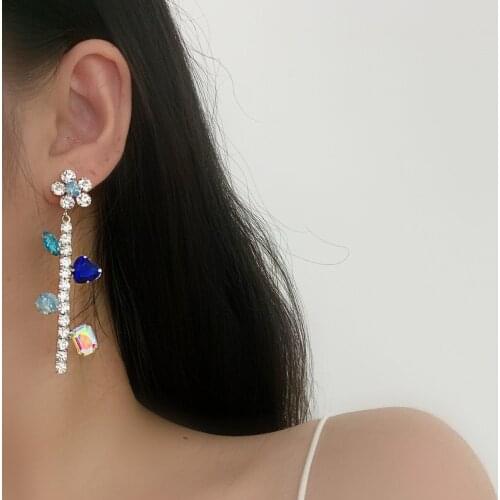 Minar Vintage Purple Blue Color Crystal Flowers Pendant Earring Shiny Rhinestones Long Dangle Earrings Luxury Party Jewelry