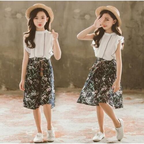 Fashion Girls Clothes Set Summer White T-shirt and Flowers Pants for Children Chiffon Sets 3-12 Years Kids Clothing Outfits